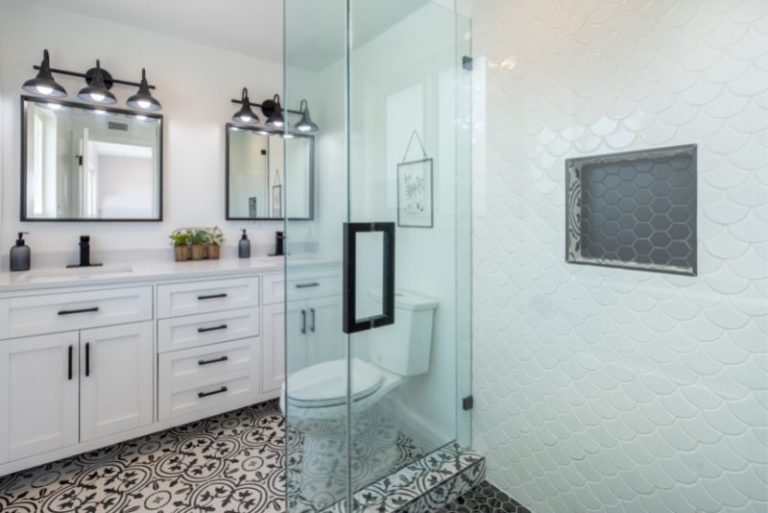 Bathroom layout showing tiling and fixture placement